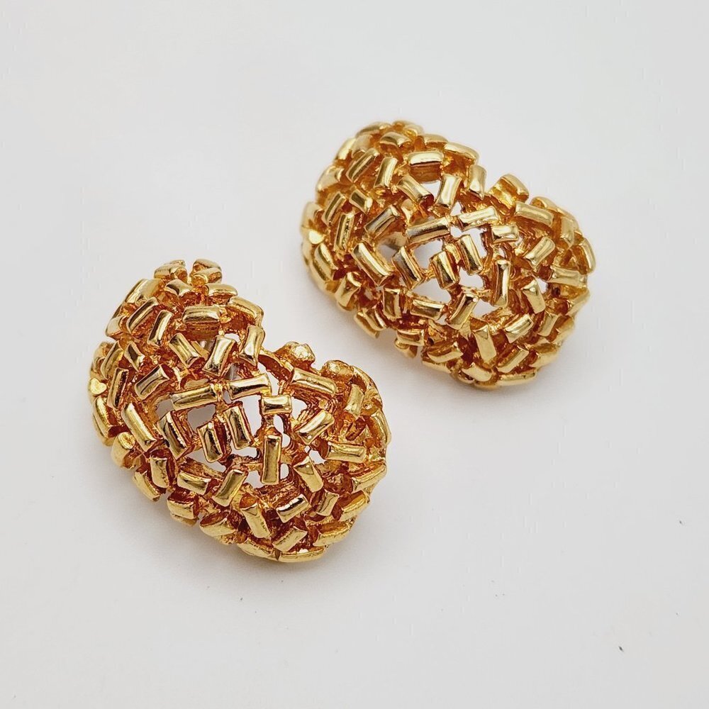 Vintage FO Rice Seed Bead Textured Domed Curved Gold Tone Stud Earrings